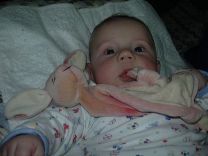 dscn0674 Chewing on his teething bunny!